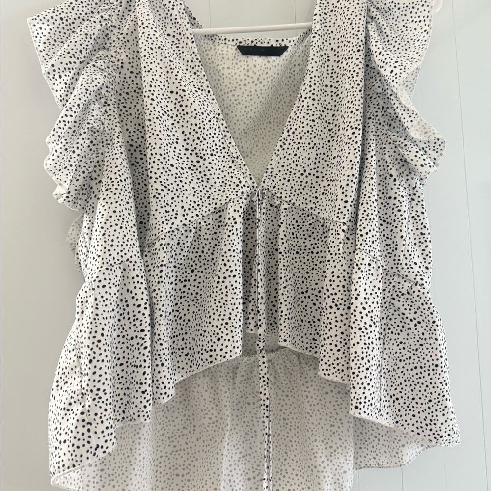 SHEIN White V-Neck Ruffle Sleeve Dot Print Blouse